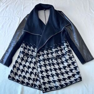 BYLYSE Womens M Houndstooth Faux‎ Leather Sleeve Drape Collar Jacket M